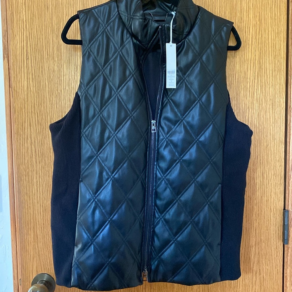 NWT Chicos Size 2 Black Faux Leather Quilted Vest